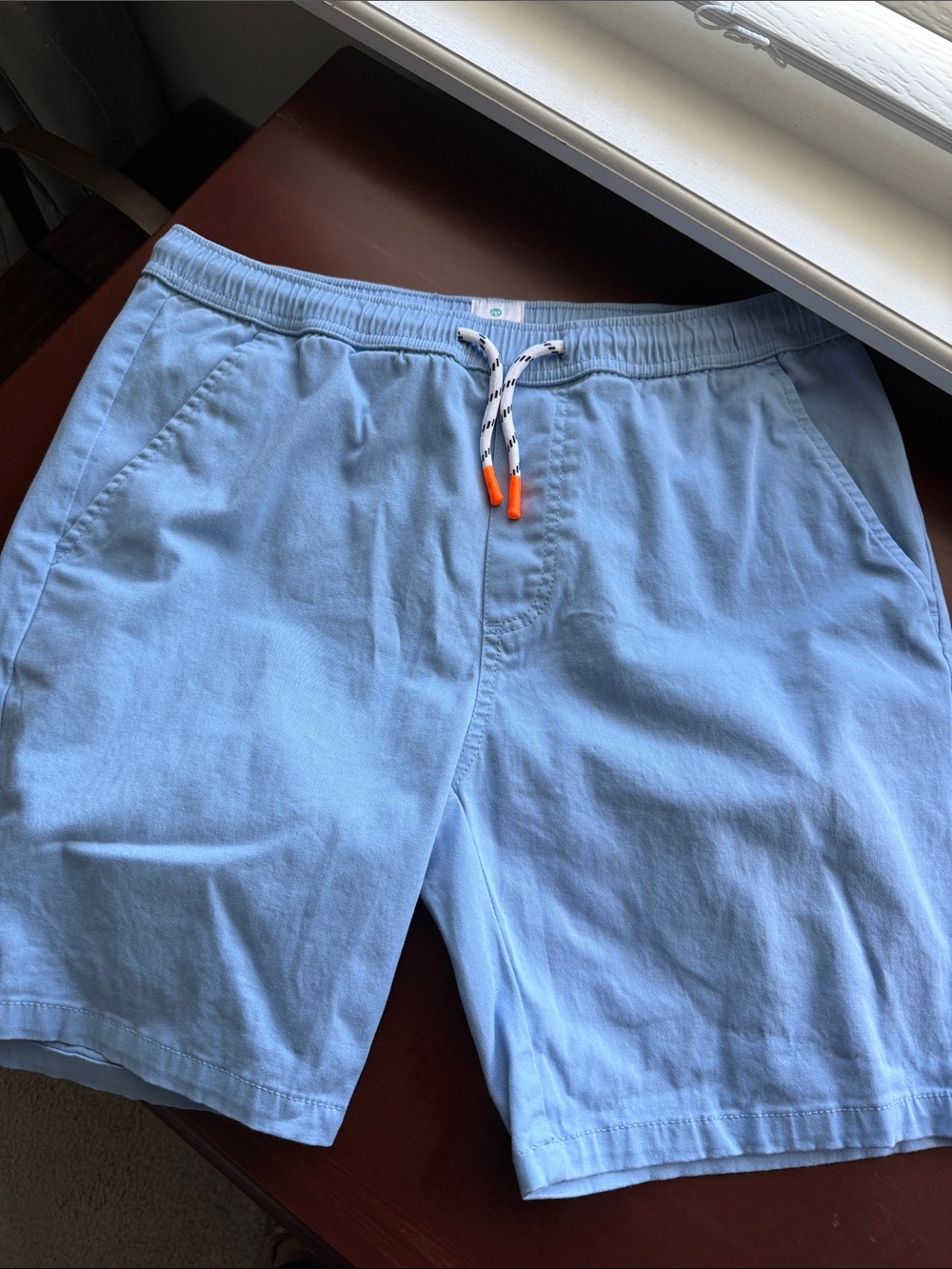 Free Planet Light Blue Men’s Flat-Front Shorts with White and Orange Drawcord